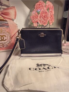 Coach Navy Double zip Leather Wristlet